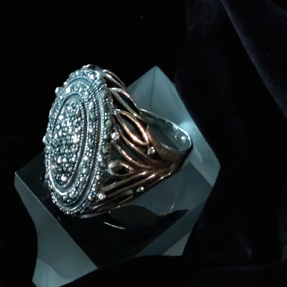 Vintage 925 Sterling Silver Marcasite Oval Statement Ring Size 10 17g